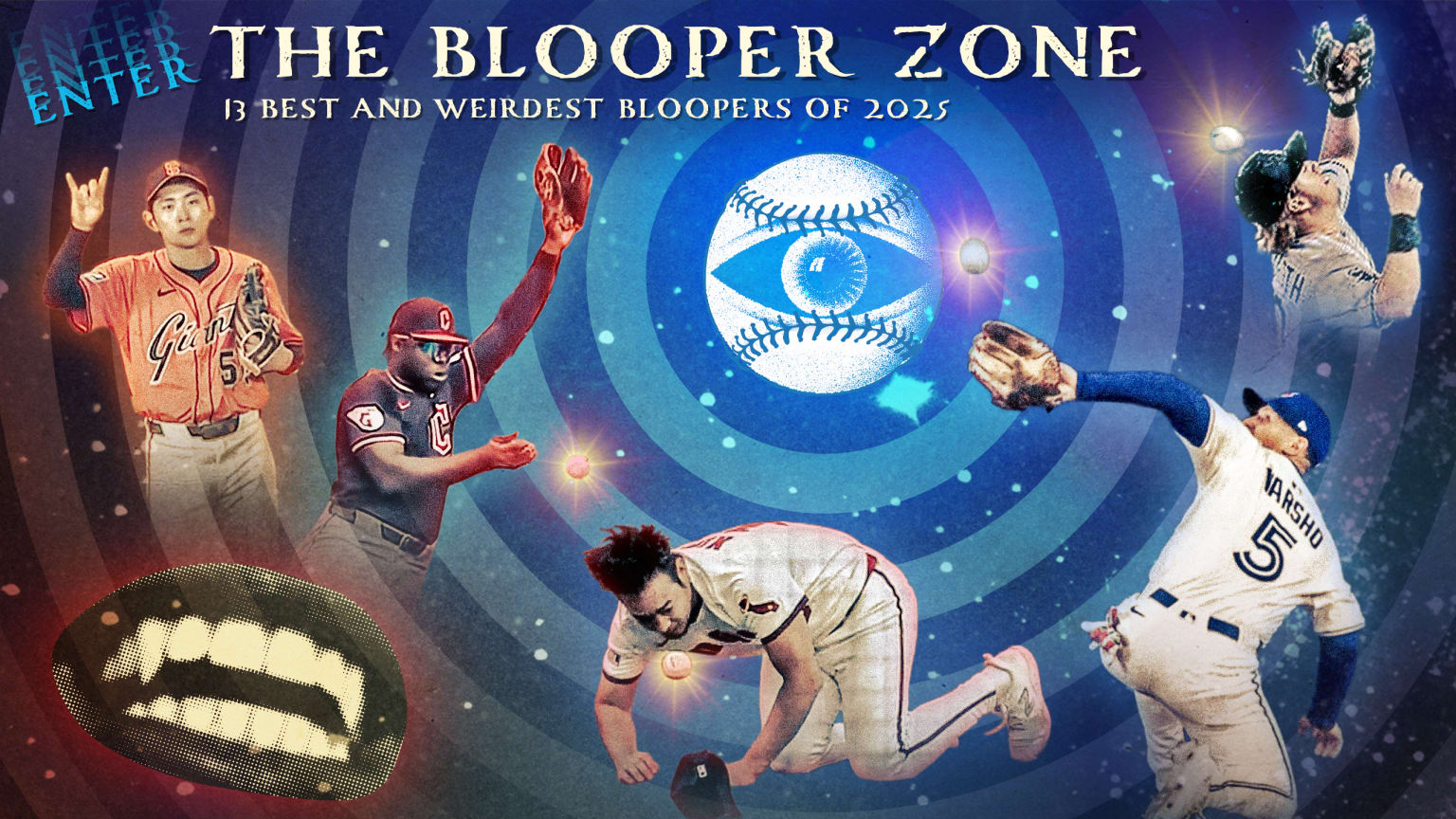 A designed image with a collage of players making bloopers with the title The Blooper Zone 