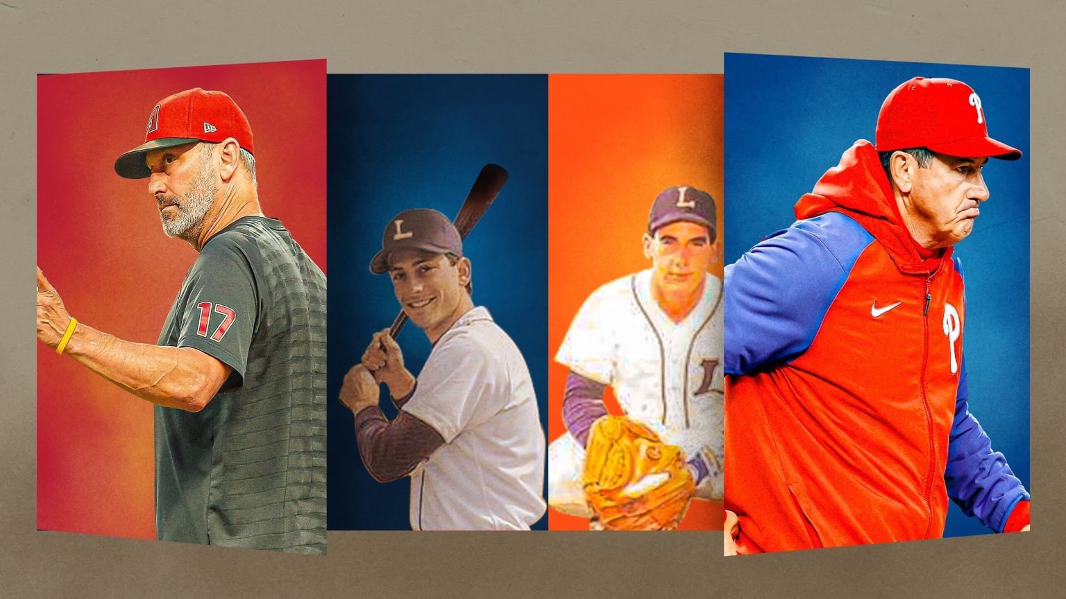 Images of Torey Lovullo and Rob Thomson alongside photos of them as Minor Leaguers