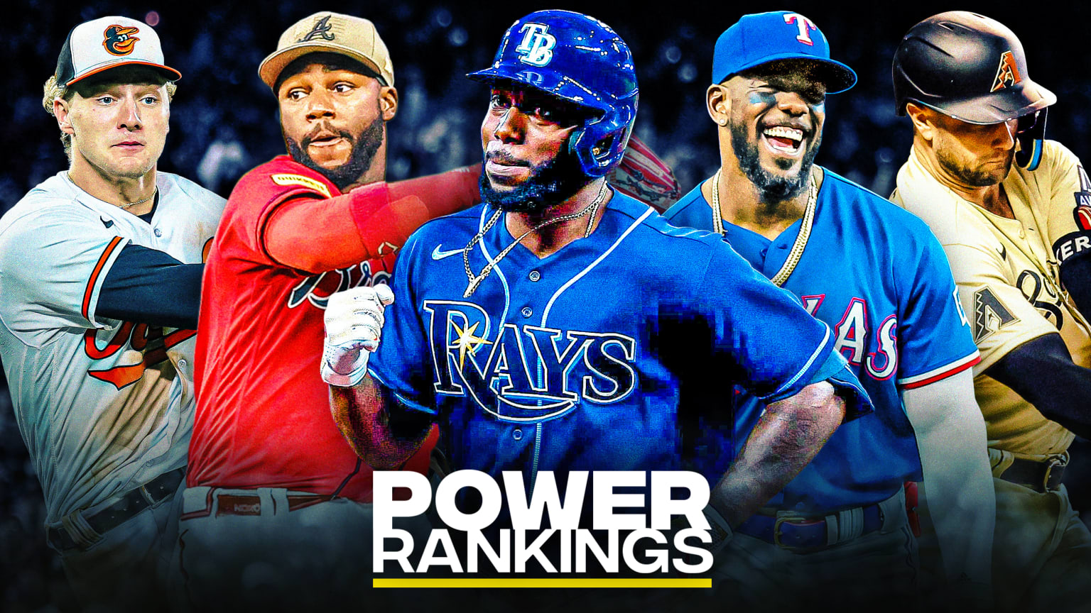 Gunnar Henderson, Michael Harris II, Randy Arozarena, Adolis García and Christian Walker are pictured with the Power Rankings logo