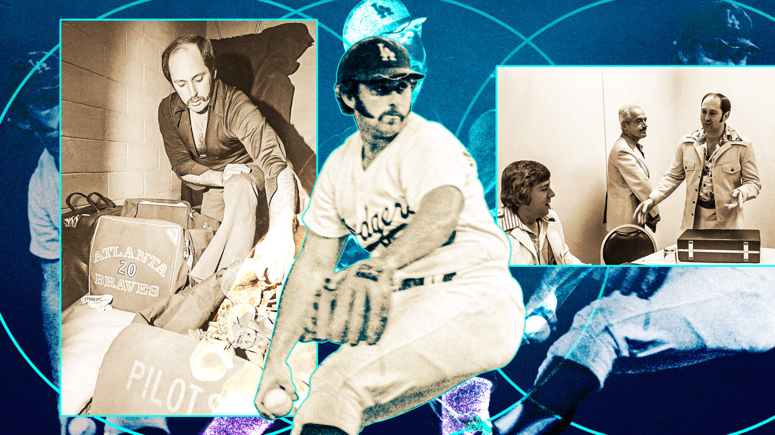 A photo illustration showing Mike Marshall packing his bags in the 1970s, pitching for the Dodgers and talking with labor leaders