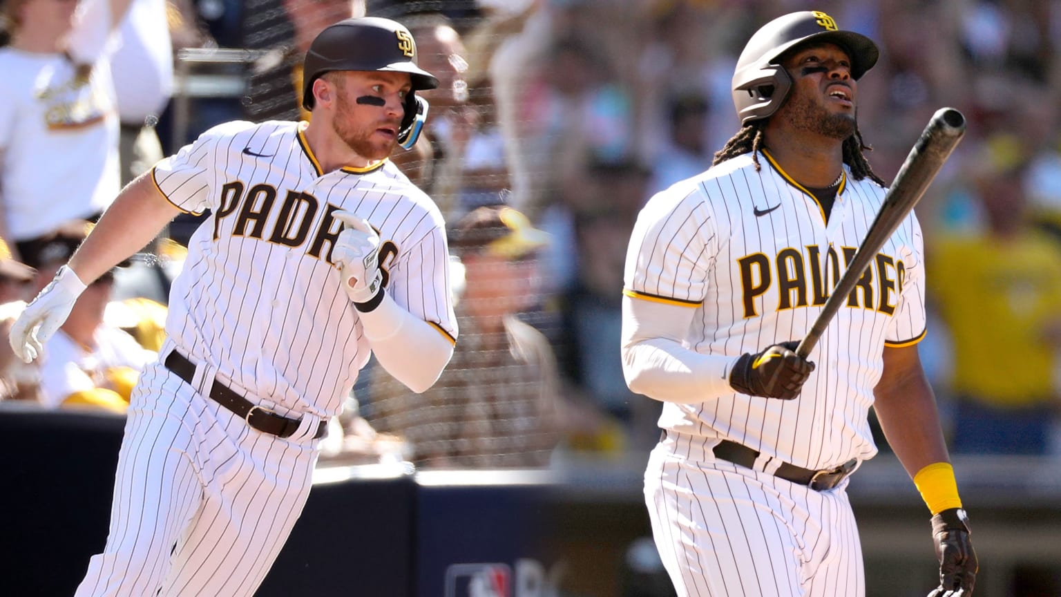 A split image of two Padres, one trotting around the bases and the other watching a soaring home run