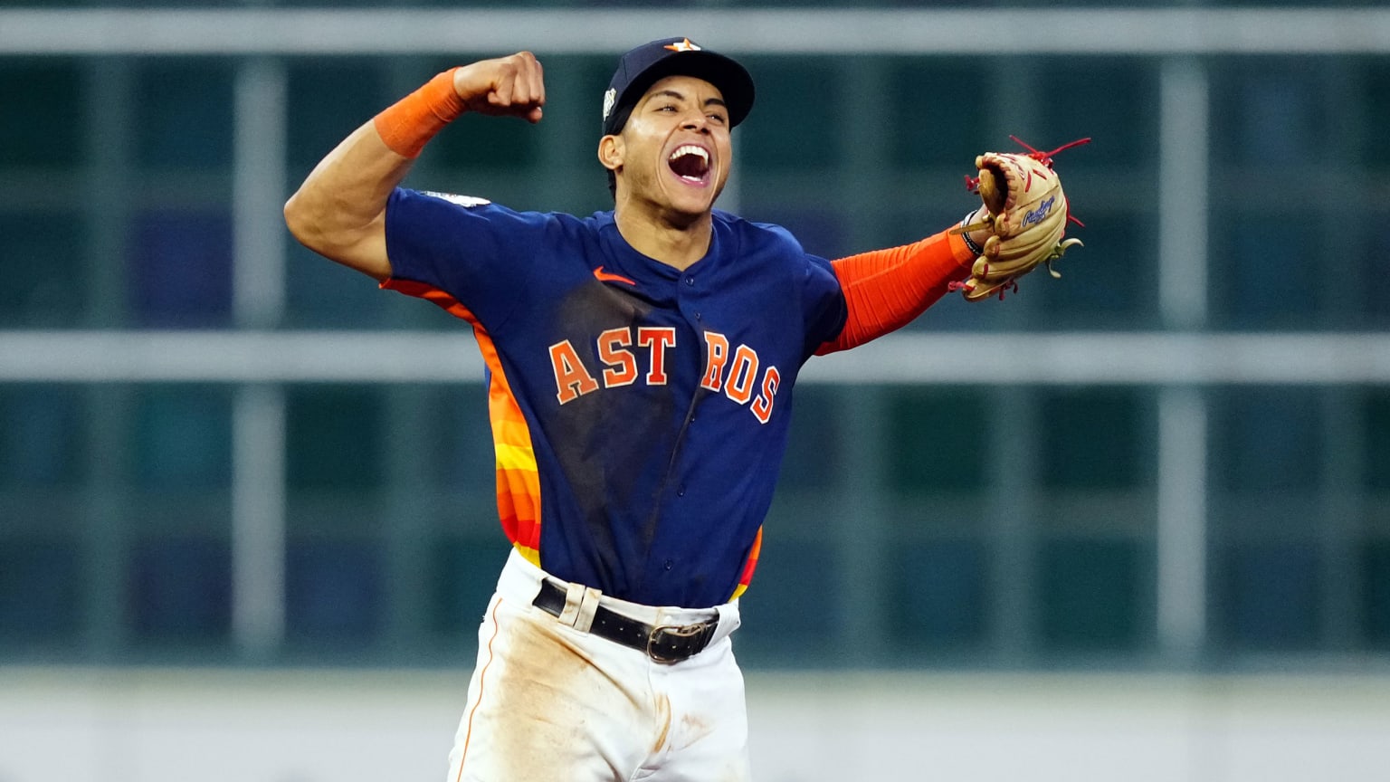 Jeremy Pena celebrates in the field after the final out