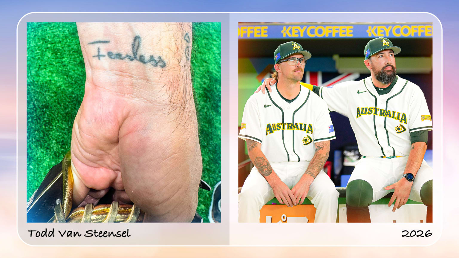 Images of Todd Van Steensel's tattoo of the word Fearless and with a Team Australia teammate