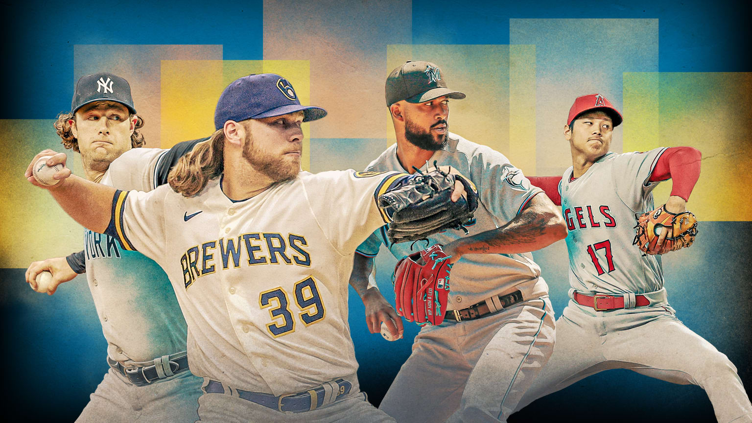 A photo illustration showing 4 top pitchers against a blue-and-yellow background