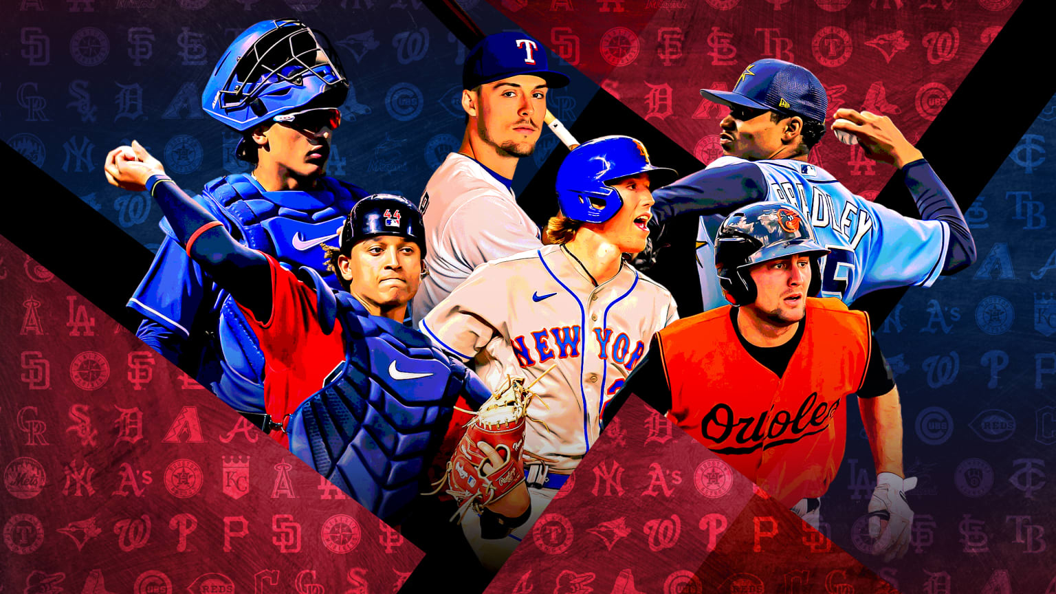 A photo illustration showing six Minor League players with a background of MLB team logos 