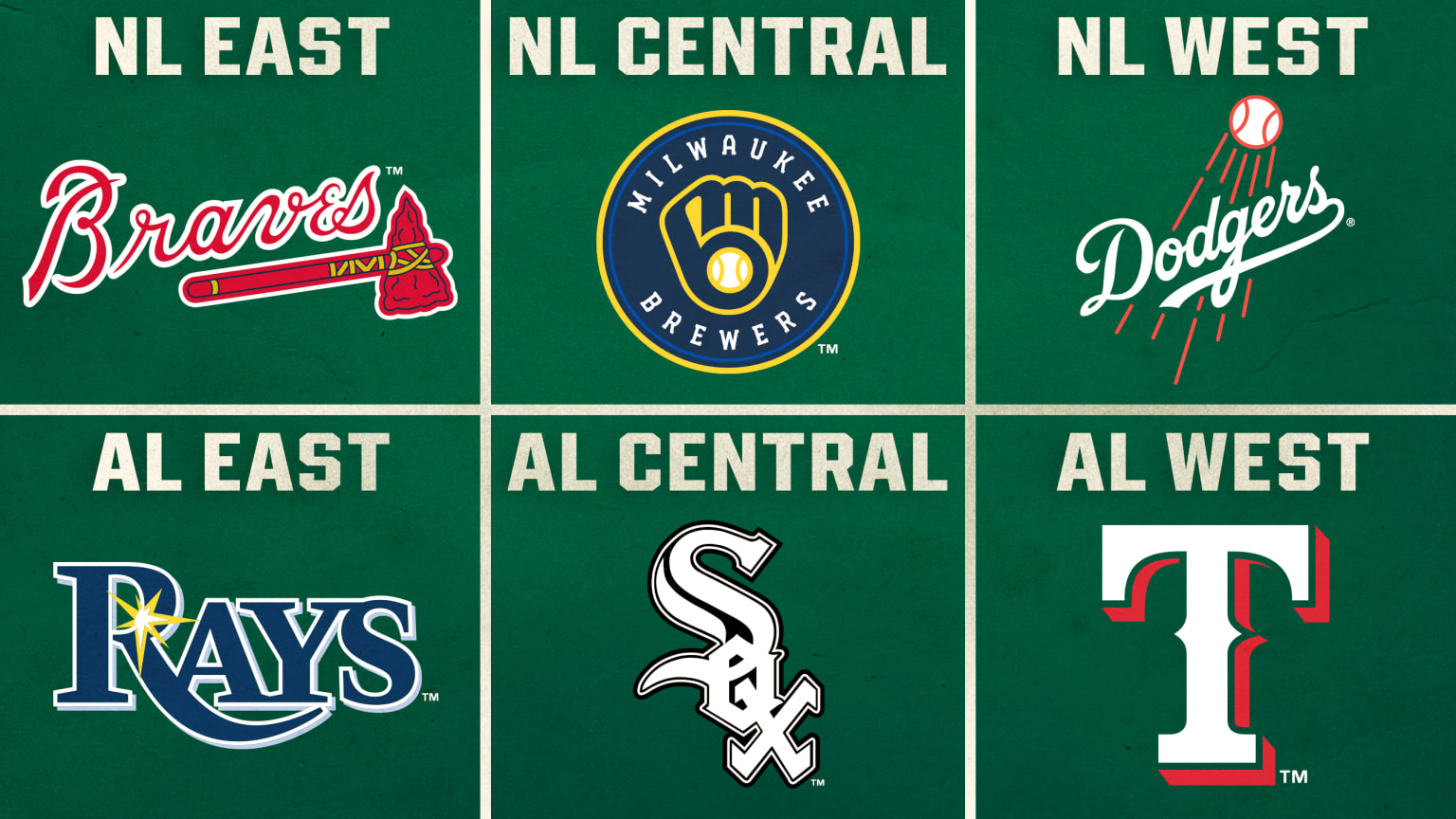 Logos of the Braves, Brewers, Dodgers, Rays, White Sox and Rangers