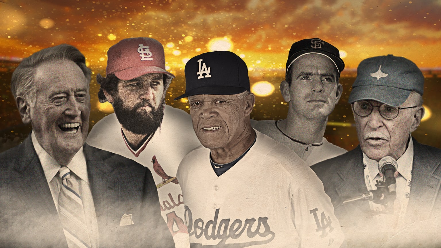 A photo montage of 5 baseball greats lost in 2022: Vin Scully, Bruce Sutter, Maury Wills, Gaylord Perry and Roger Angell