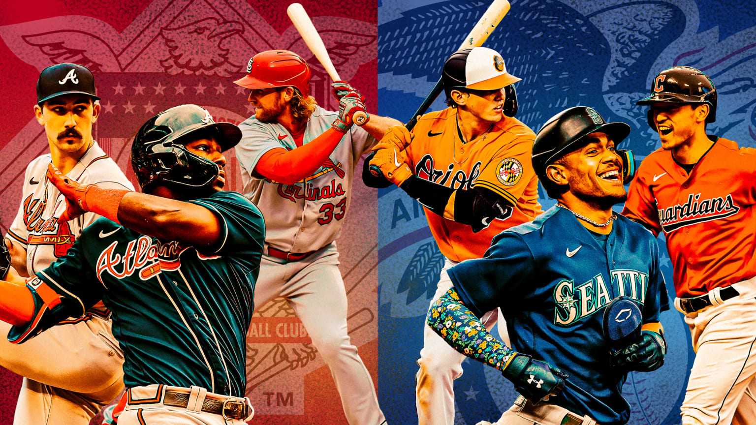 Three NL prospects on the left, over a red-tinted National League logo and three AL prospects on the right over a blue-shaded American League logo