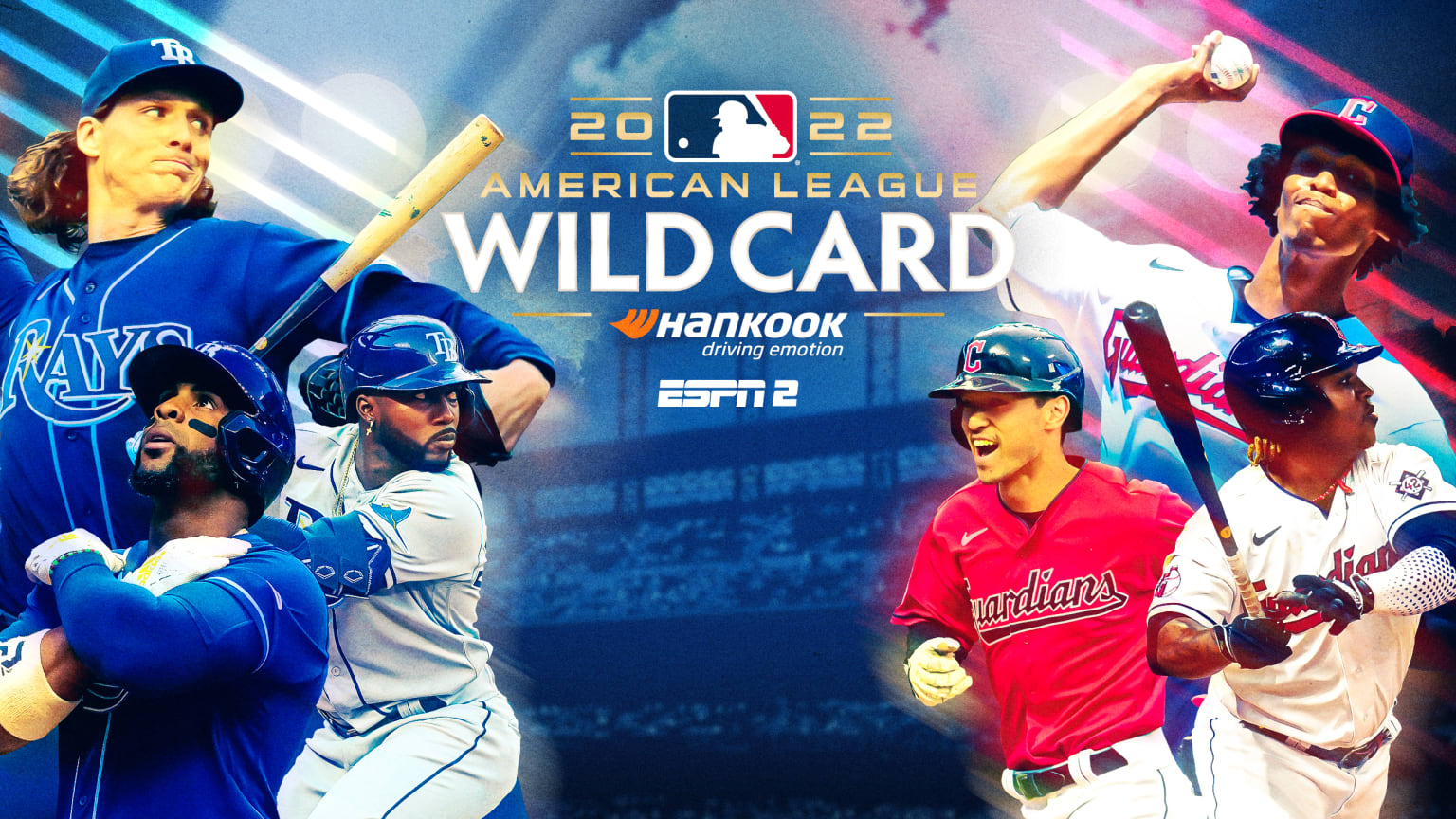 A graphic showing three Rays players on the left and three Guardians players on the right. In the center, the words ''2022 American League Wild Card''