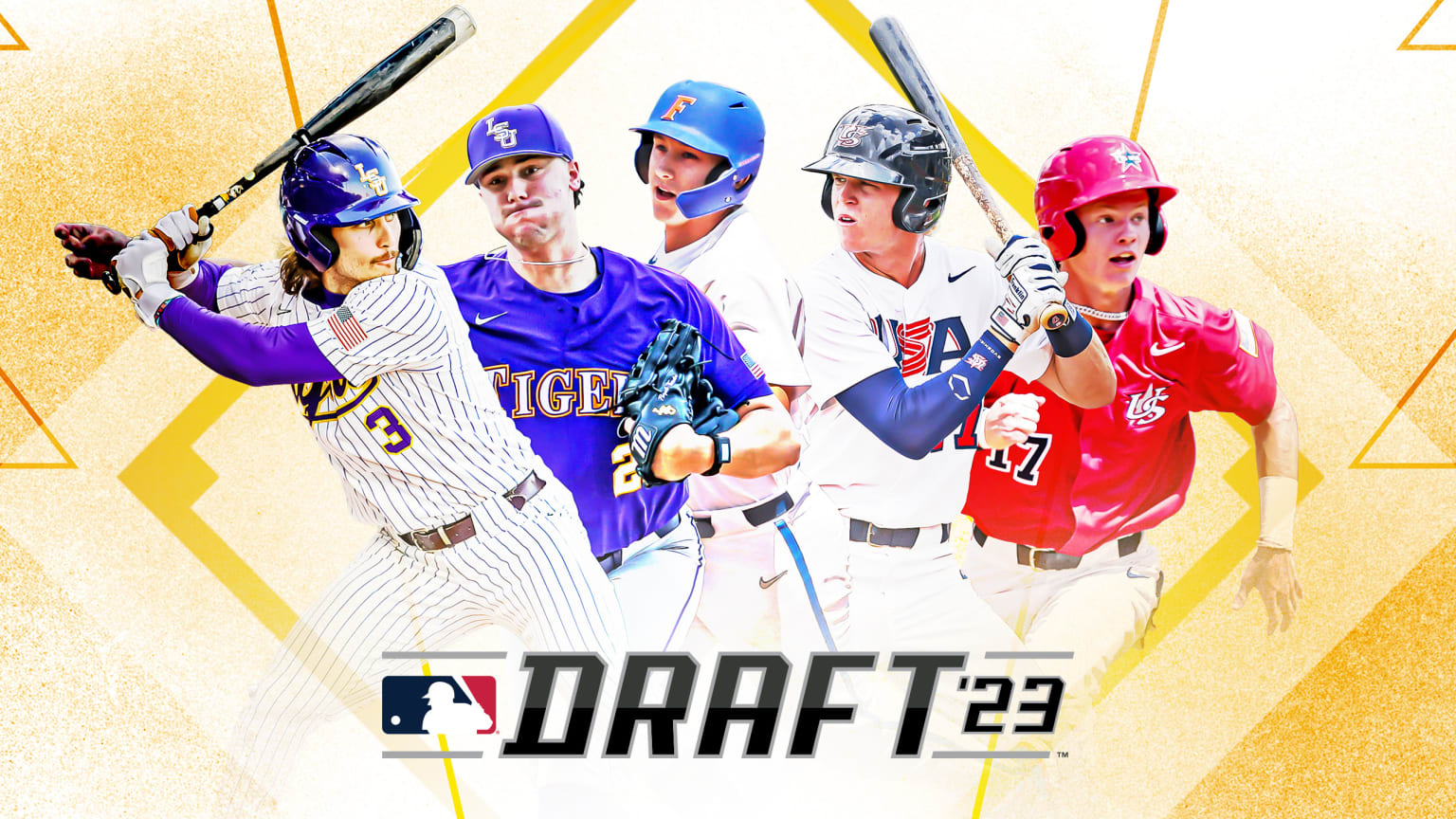 A photo illustration with five Draft prospects against a yellow background