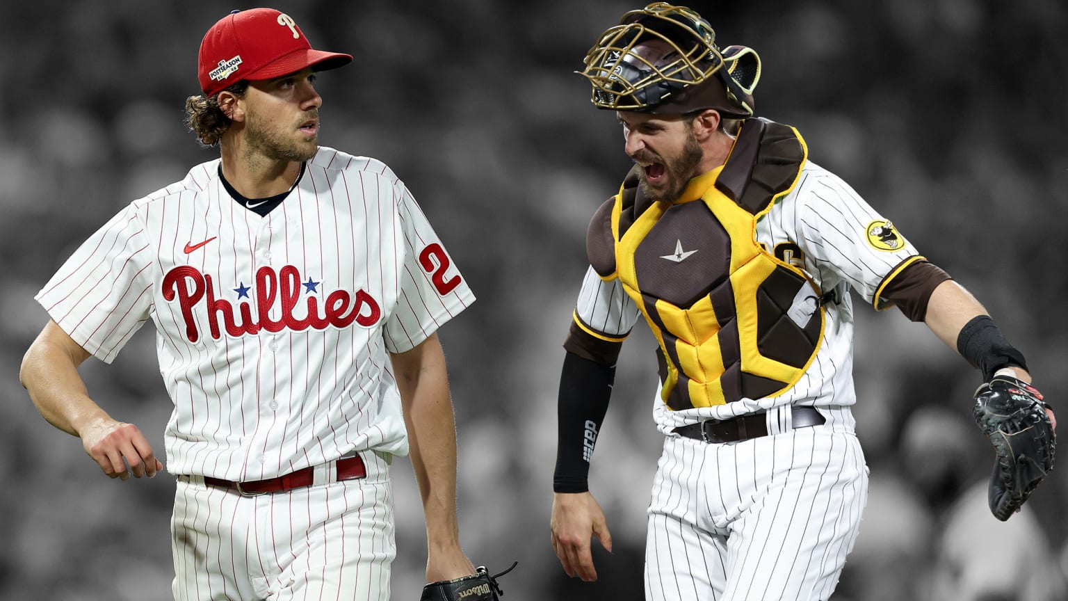 A composite image showing Phillies pitcher Aaron Nola and his brother, Padres catcher Austin Nola