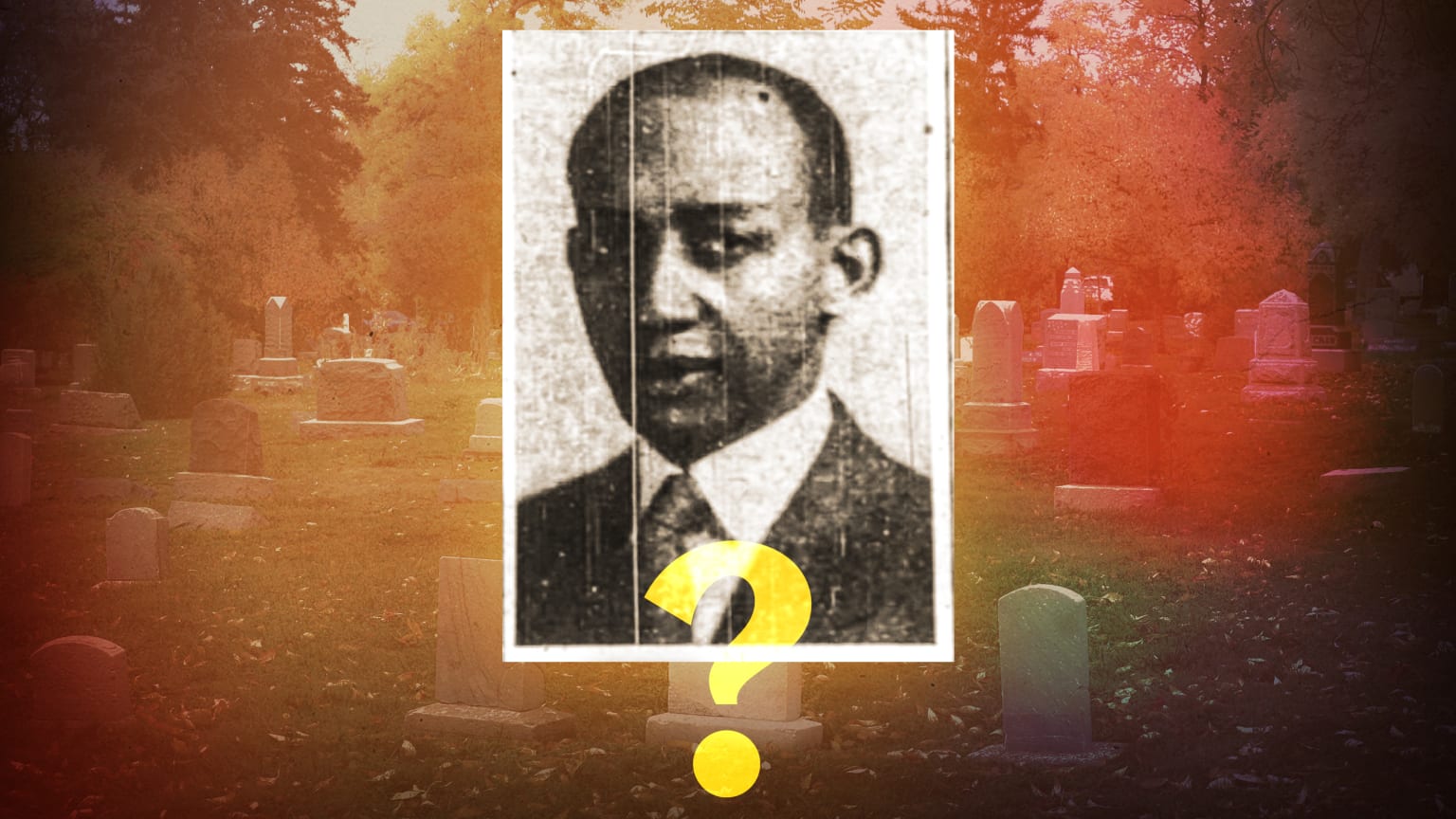 A photo illustration showing a portrait of a young Black man and a question mark over an orange-tinted view of a cemetery