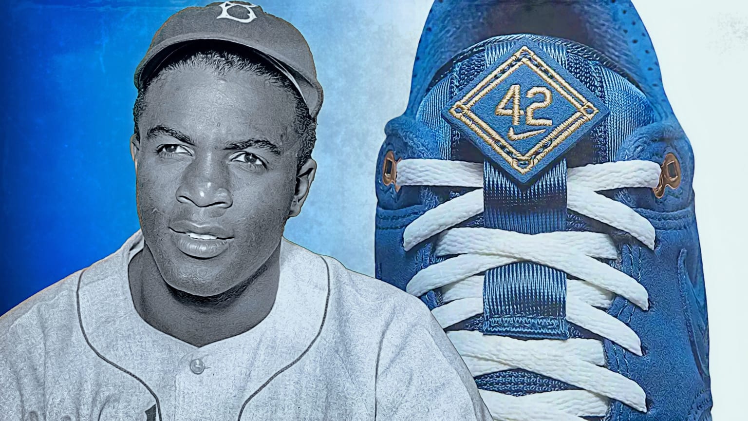A photo of Jackie Robinson next to a shot of a new Nike shoe sporting No. 42