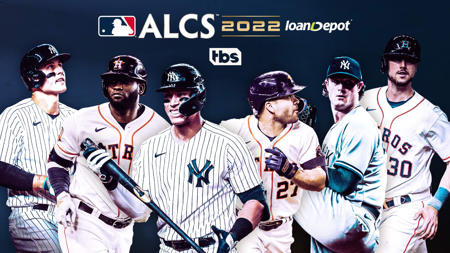 Three Astros players and three Yankees players are pictured around the ALCS logo