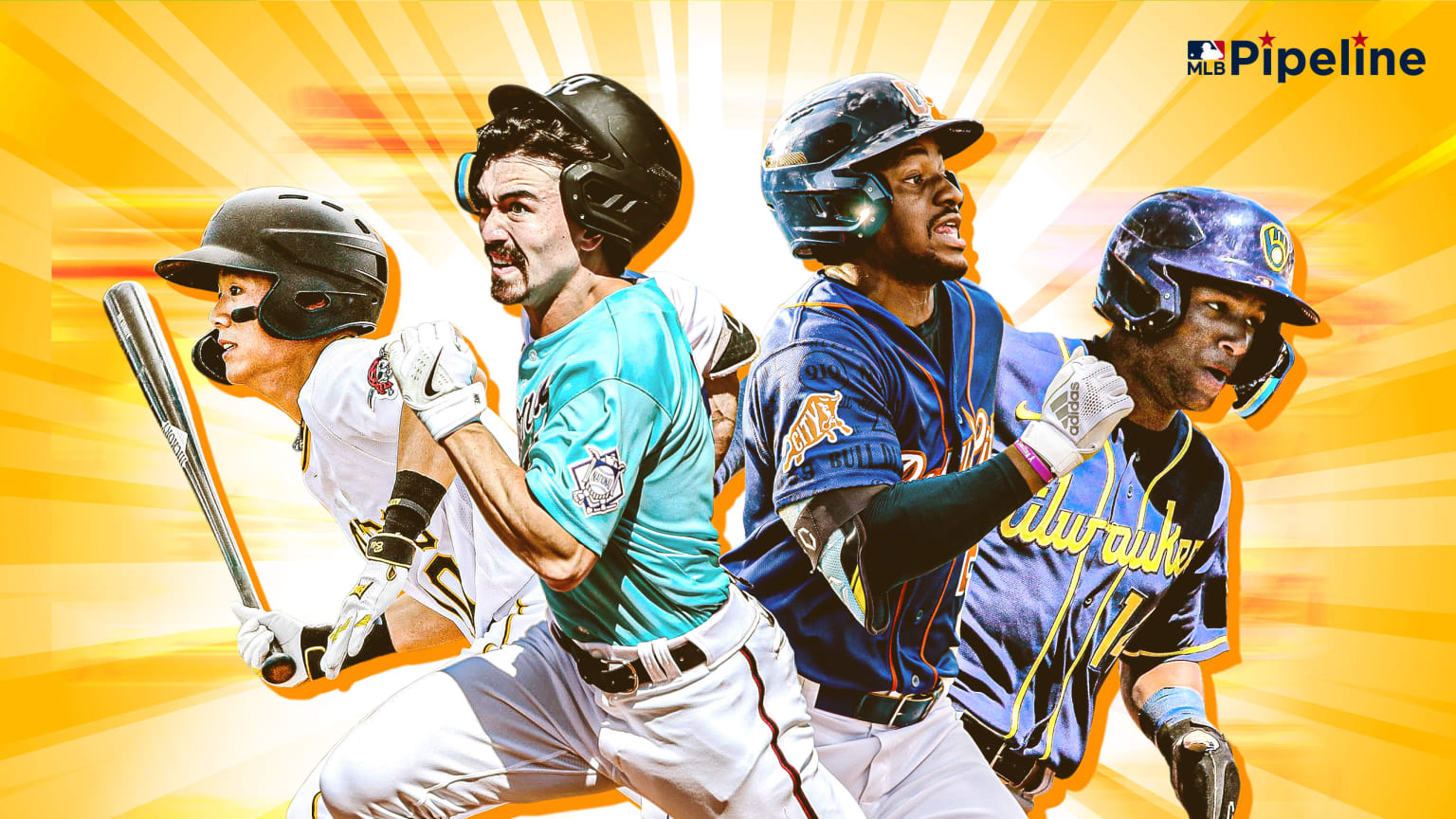 A photo illustration of four prospects running, with a yellow starburst behind them