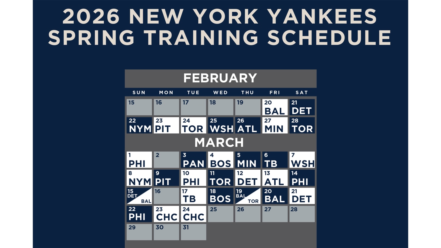 New York Yankees Spring Training 2026 Schedule
