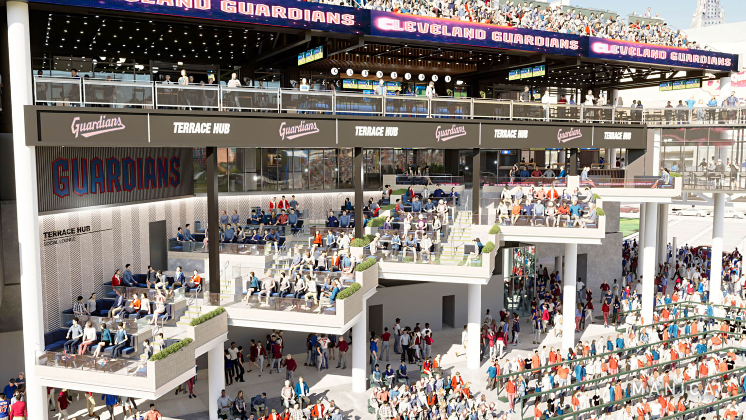 An artist's rendering of a terrace section of Cleveland's ballpark