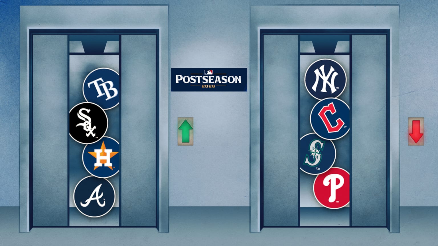 An image showing an elevator with four team logos on the rise and four team logos on the decline