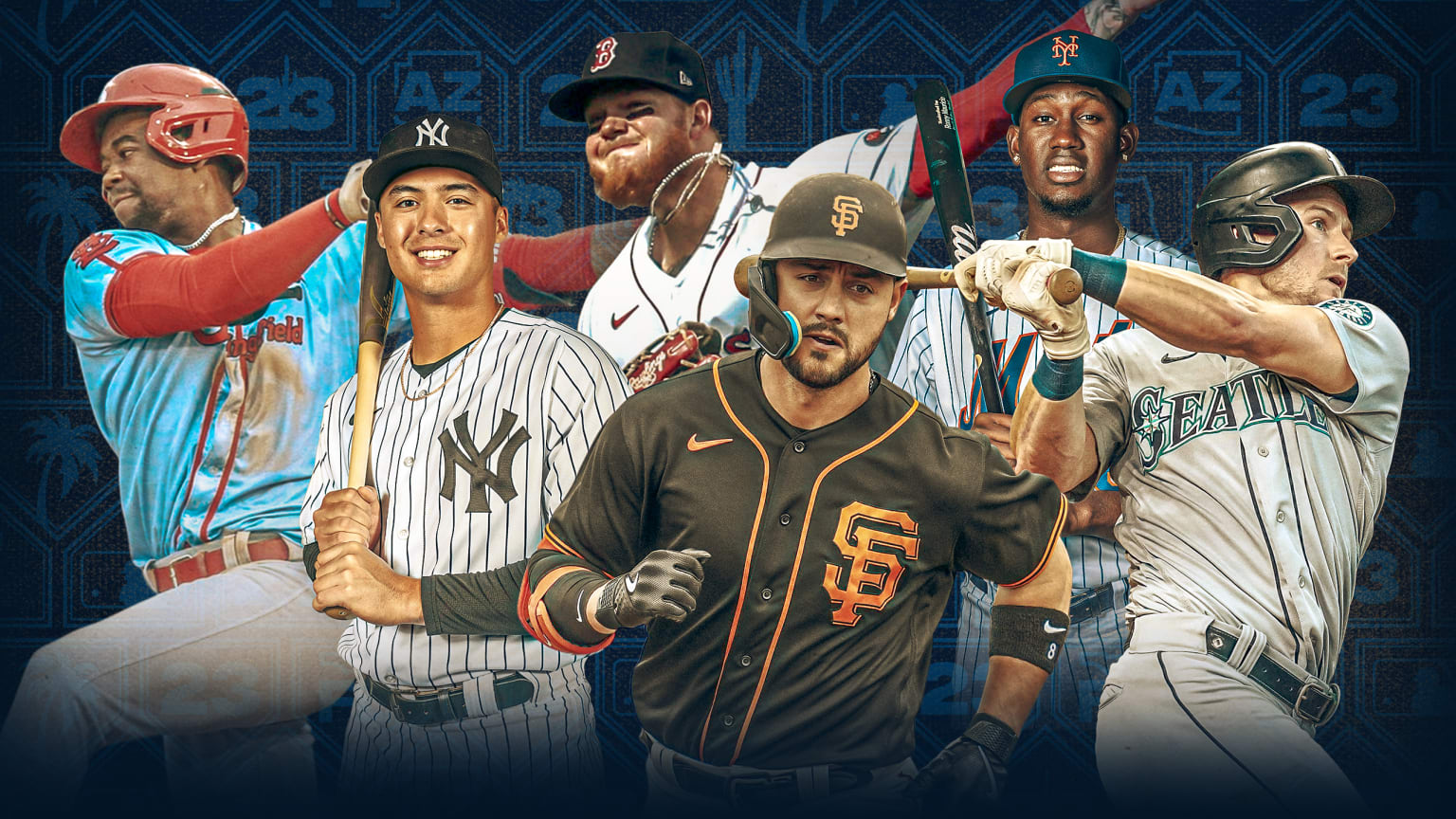 Six players are pictured in front of logos for the Cactus League, Grapefruit League and MLB