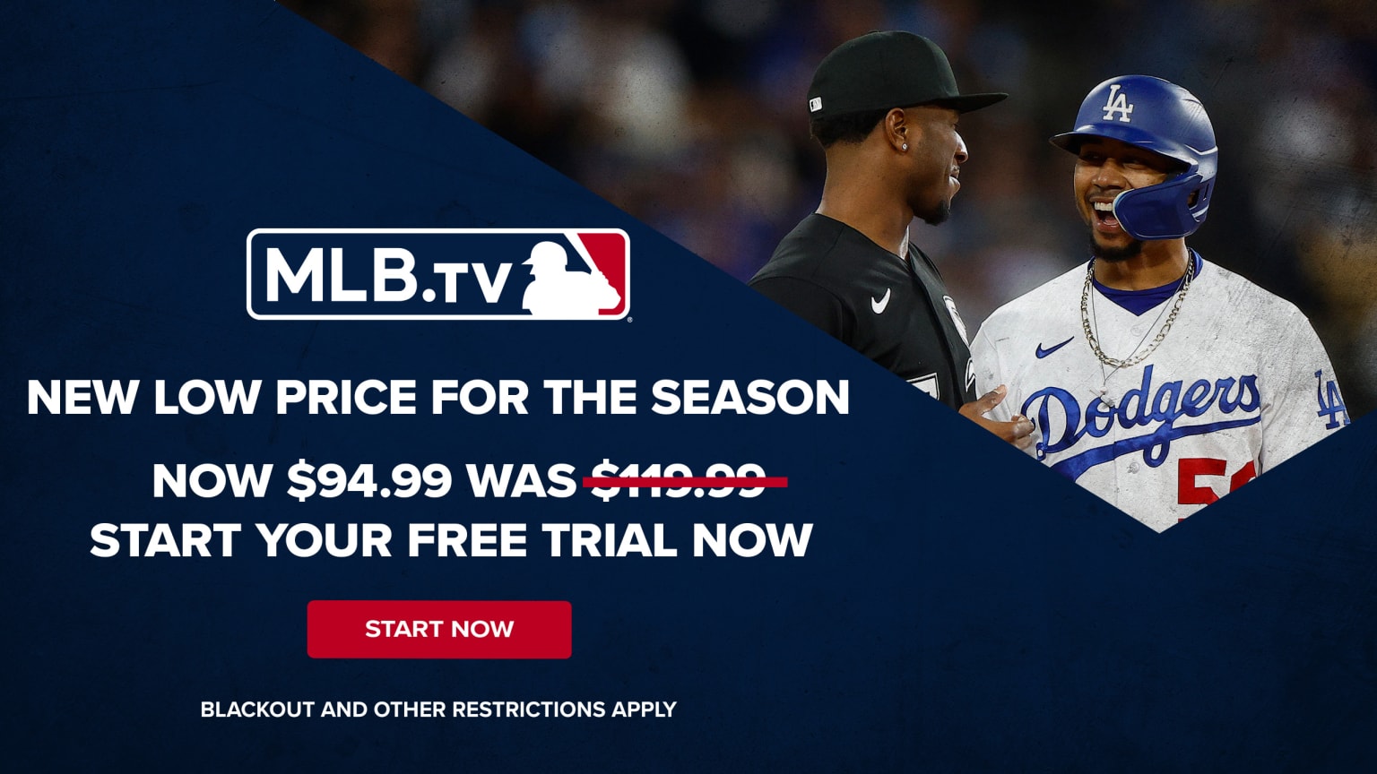 A graphic advertising MLB.TV's new price of $94.99 for the rest of the season, with a free trial