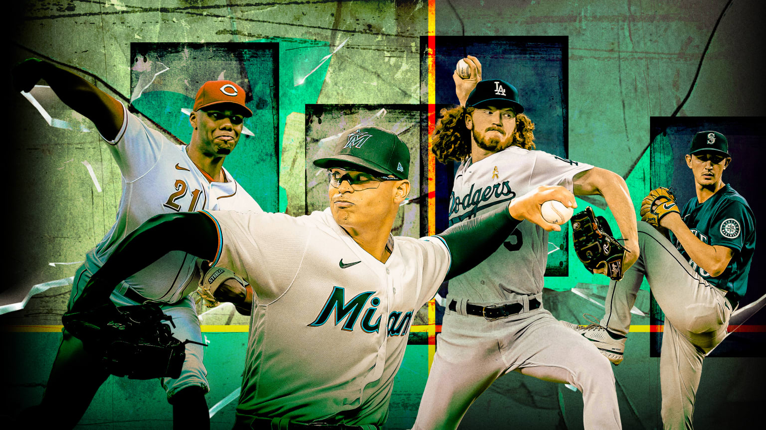 A photo illustration showing four pitchers against a gray-green background with black rectangles