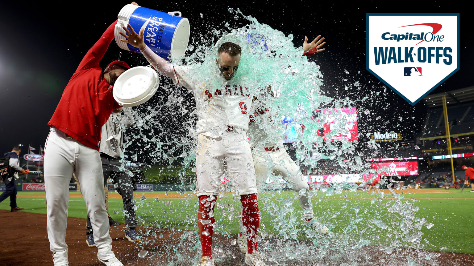 The Angels and Zach Neto celebrate after Neto hit a walk-off home run 
