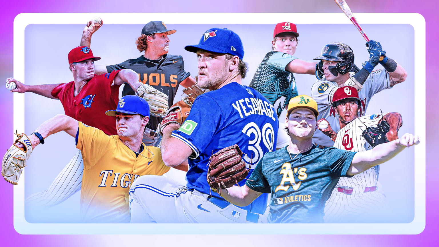 A collage of seven prospects scattered around a photo of Trey Yesavage A collage of seven prospects scattered around a photo of Trey Yesavage