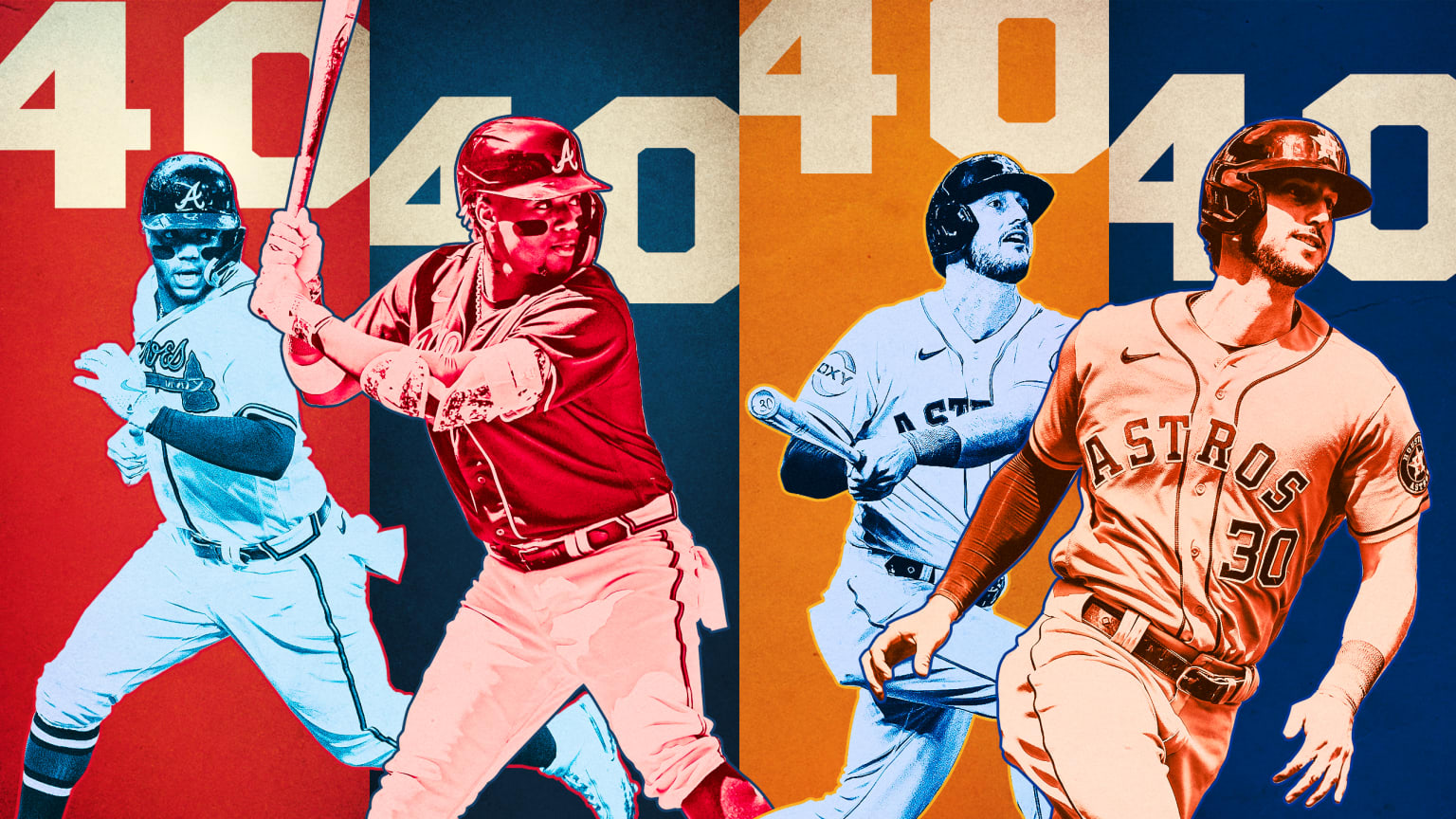 A graphic with images of Ronald Acuña Jr. and Kyle Tucker shown both running and hitting in front of the number 40