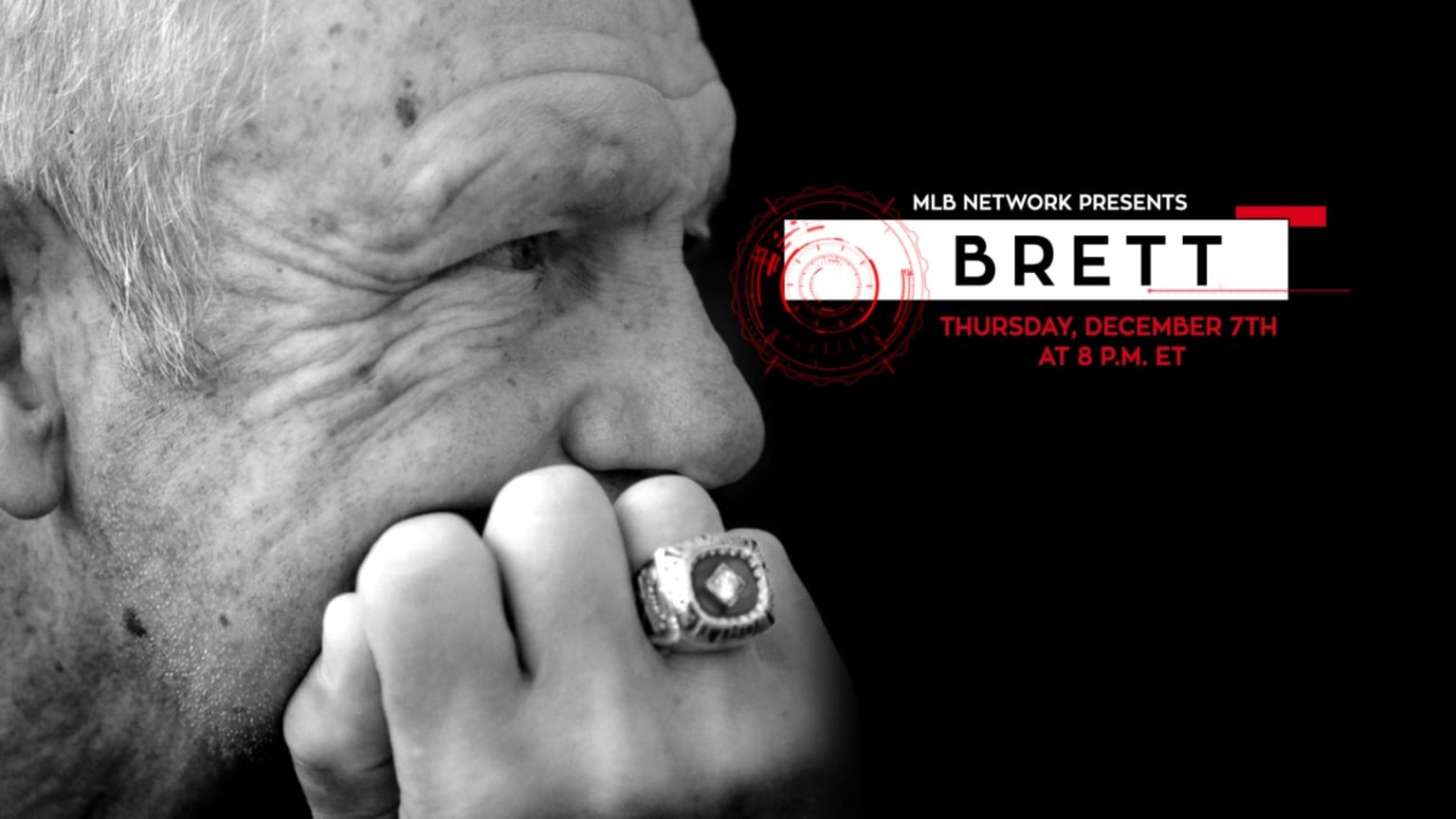 A closeup of George Brett with the premiere date of the documentary 'Brett'' on MLB Network listed