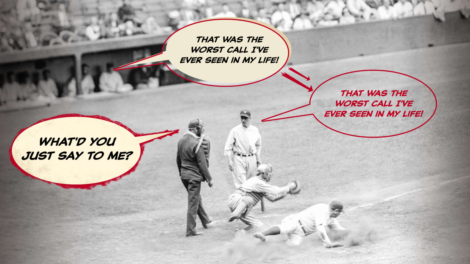 A photo shows a player sliding into home plate with word bubbles around him