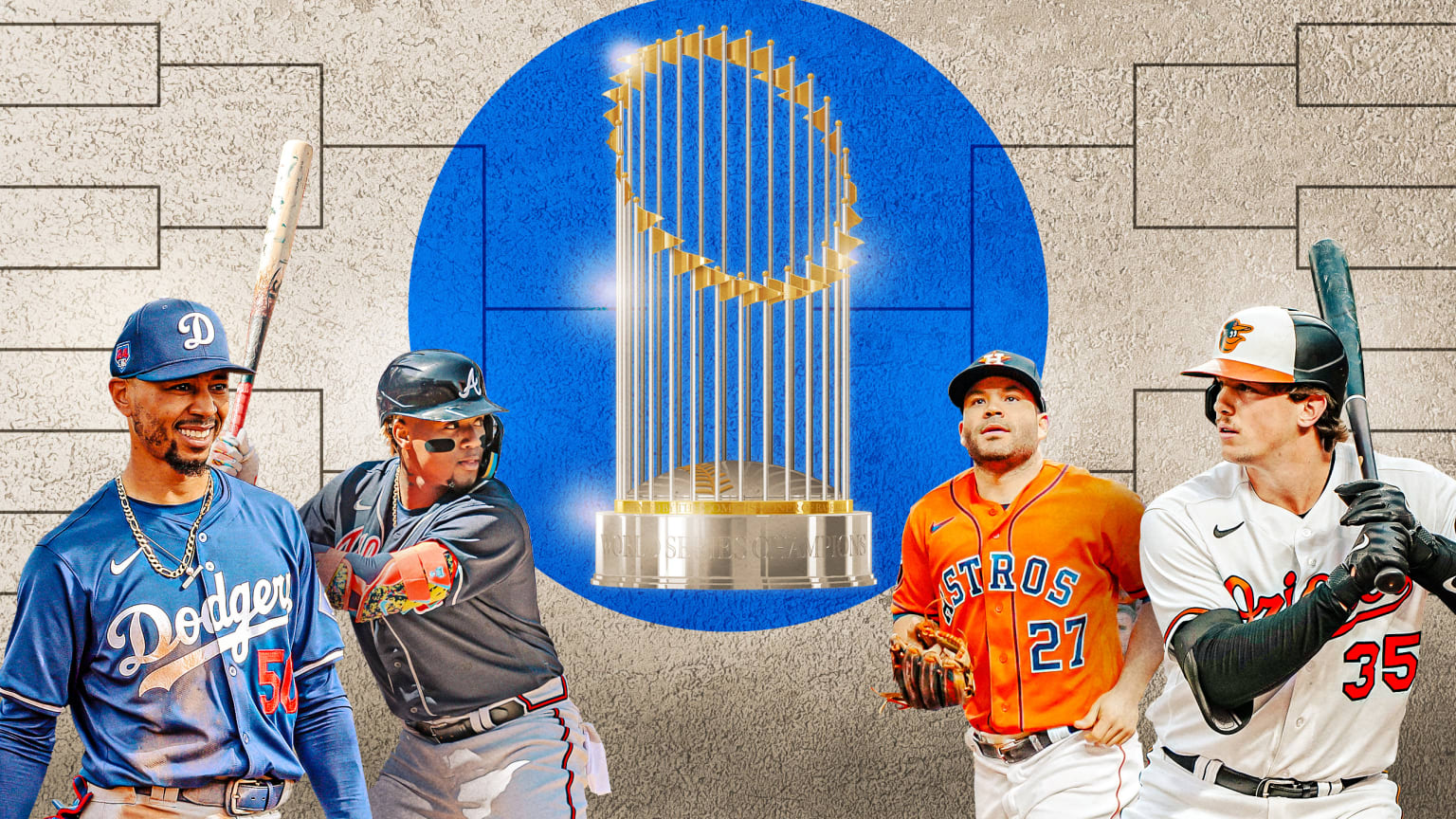 A photo montage of Mookie Betts,  Ronald Acuña Jr., Jose Altuve and Adley Rutschman alongside the World Series trophy