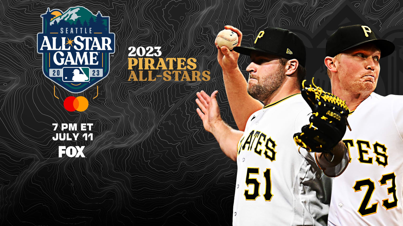 A photo illustration with the All-Star Game logo and images of Pirates David Bednar and Mitch Keller