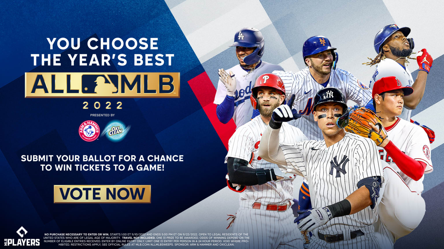 A designed image with 6 players clustered on the right and text on the left promoting the vote for the 2022 All-MLB Team