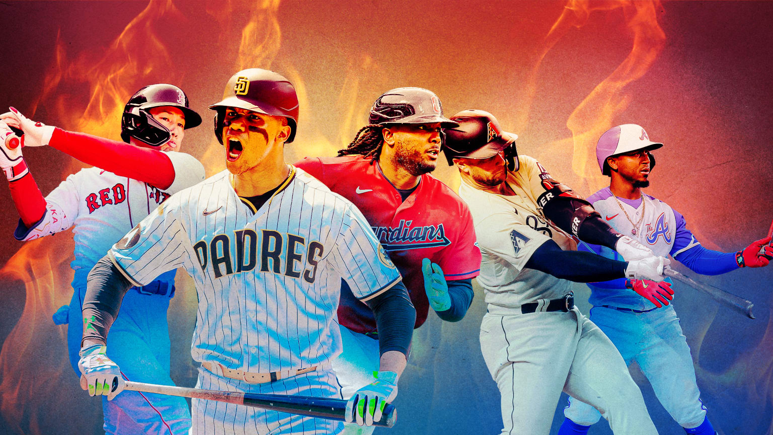 A photo illustration of five hitters against a background of fire