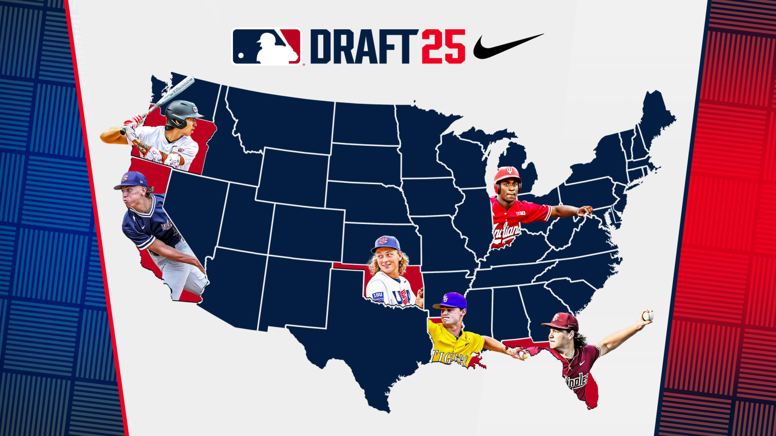 A map of the U.S. highlighting players from Oregon, California, Oklahoma, Louisiana, Indiana and Florida