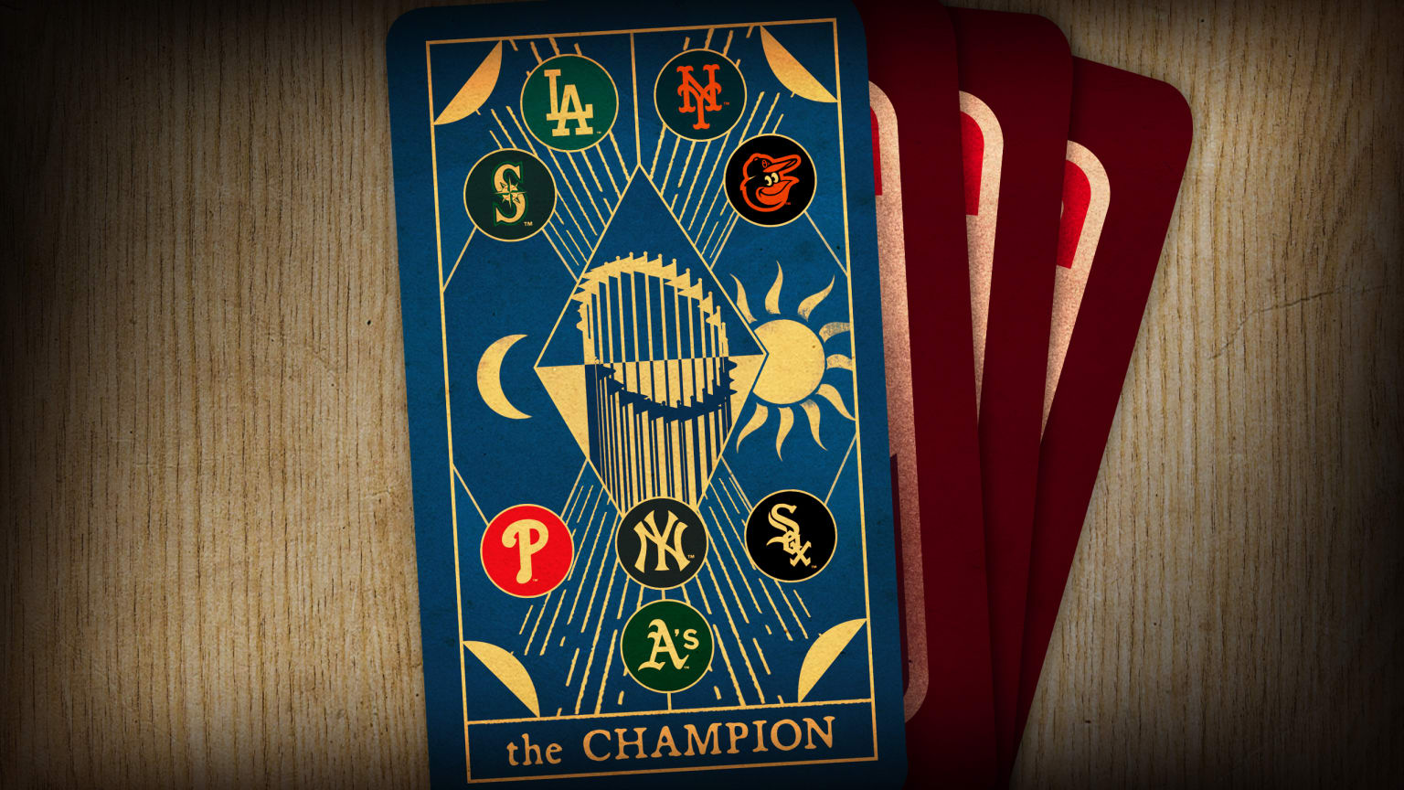 A tarot card with logos of the Mariners, Dodgers, Mets, Orioles, Phillies, Yankees, White Sox and A's