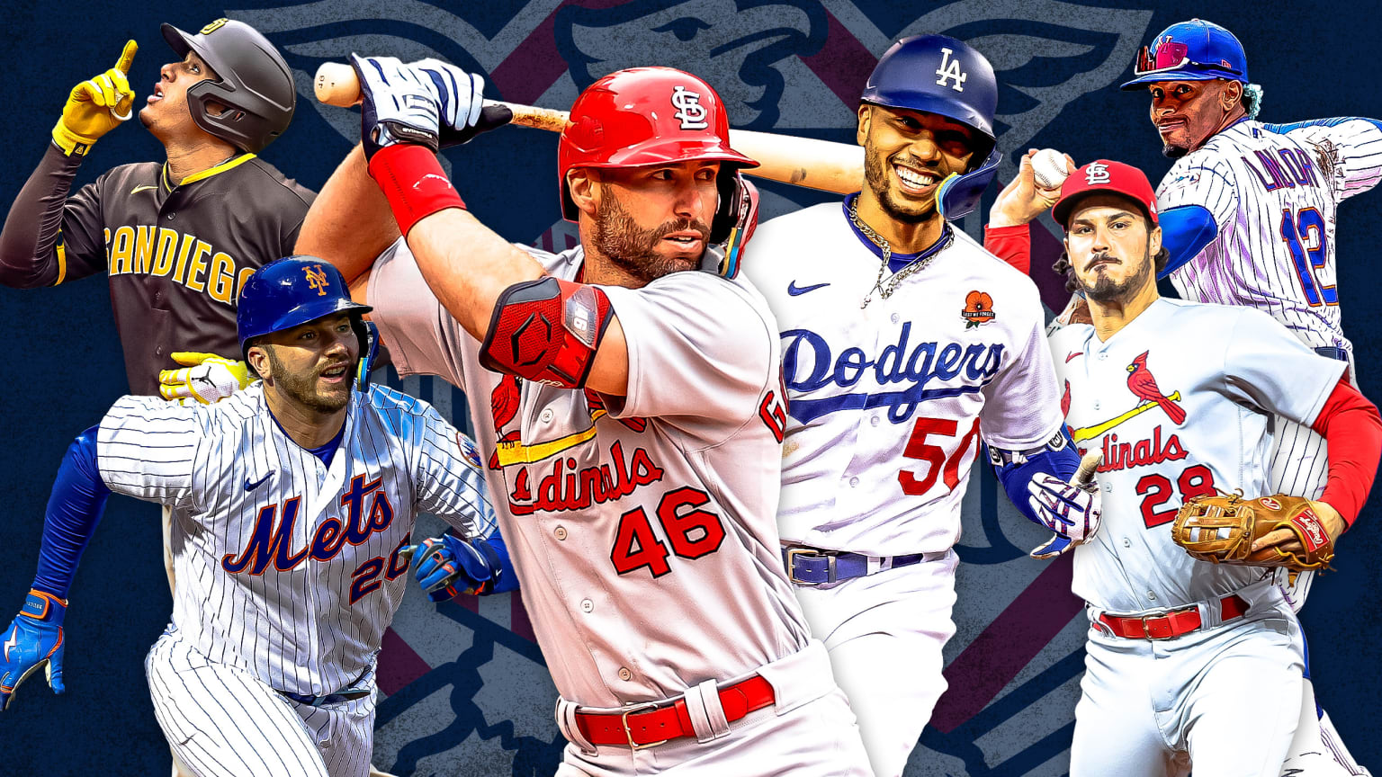 A composite image showing 6 National League stars against a background of the NL's logo