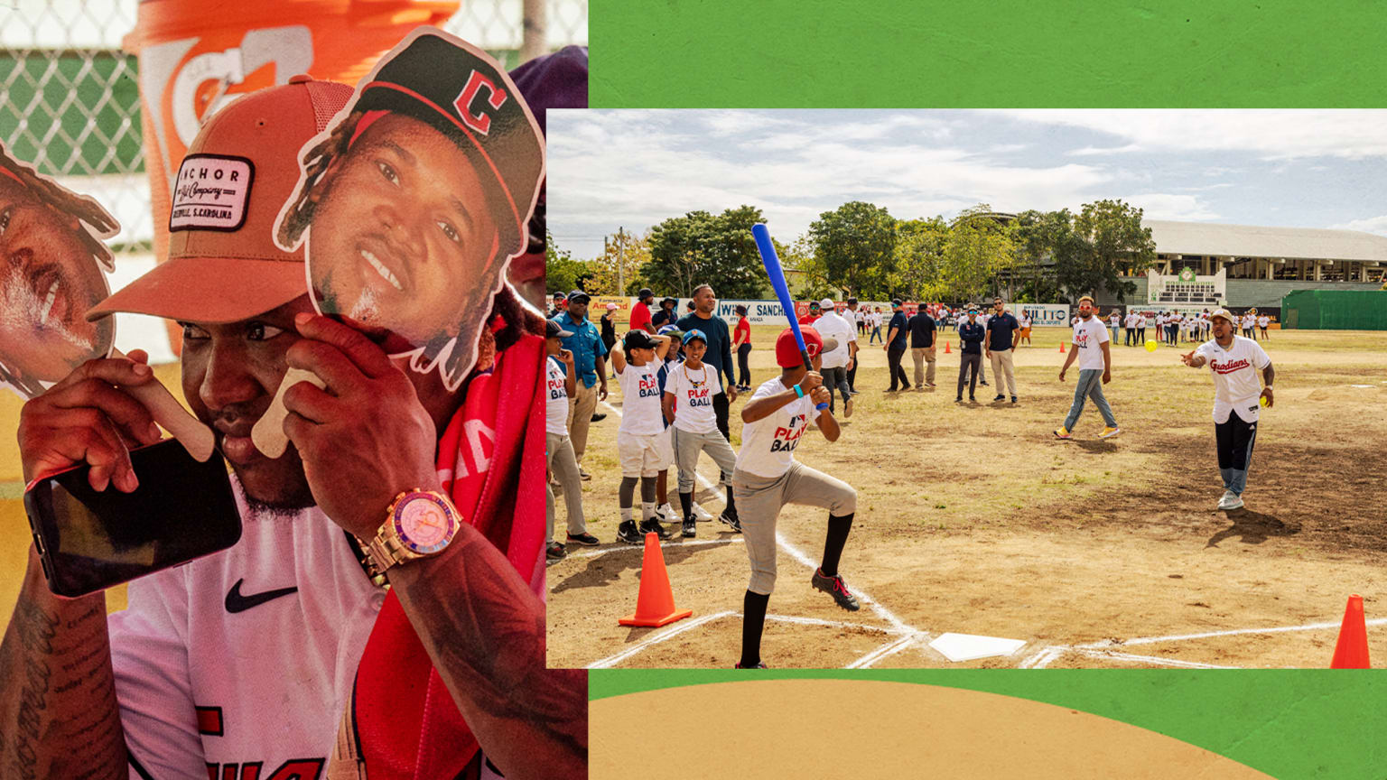 A split photo shows José Ramírez holding cutouts of his face and pitching to a child