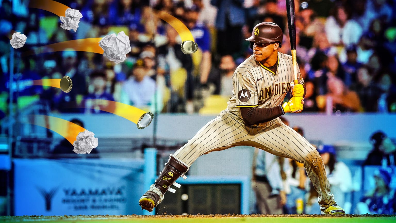 A designed image of Juan Soto at the plate with crumpled pieces of paper and bottle caps being pitched to him