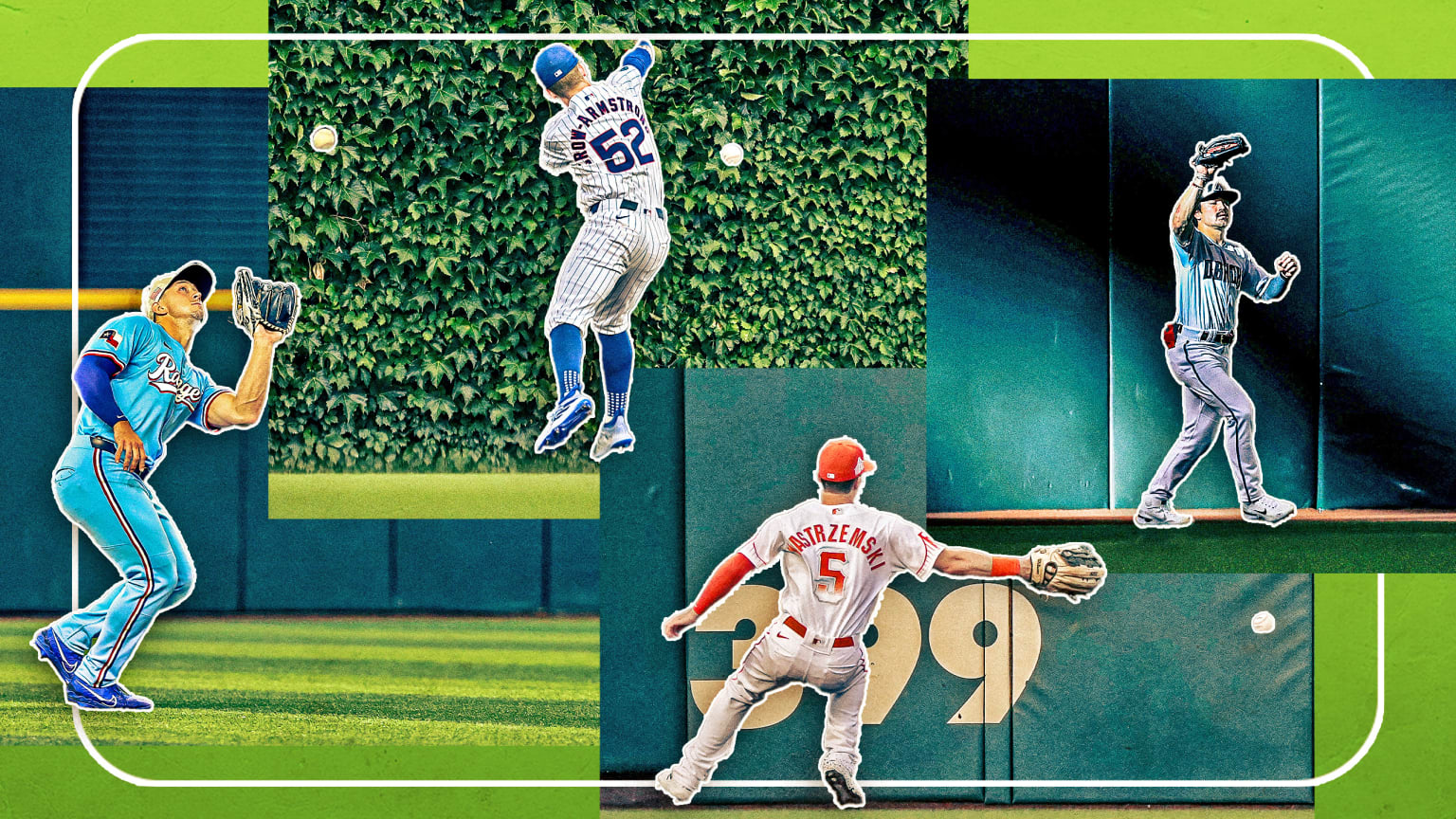 Images of four outfielders making plays