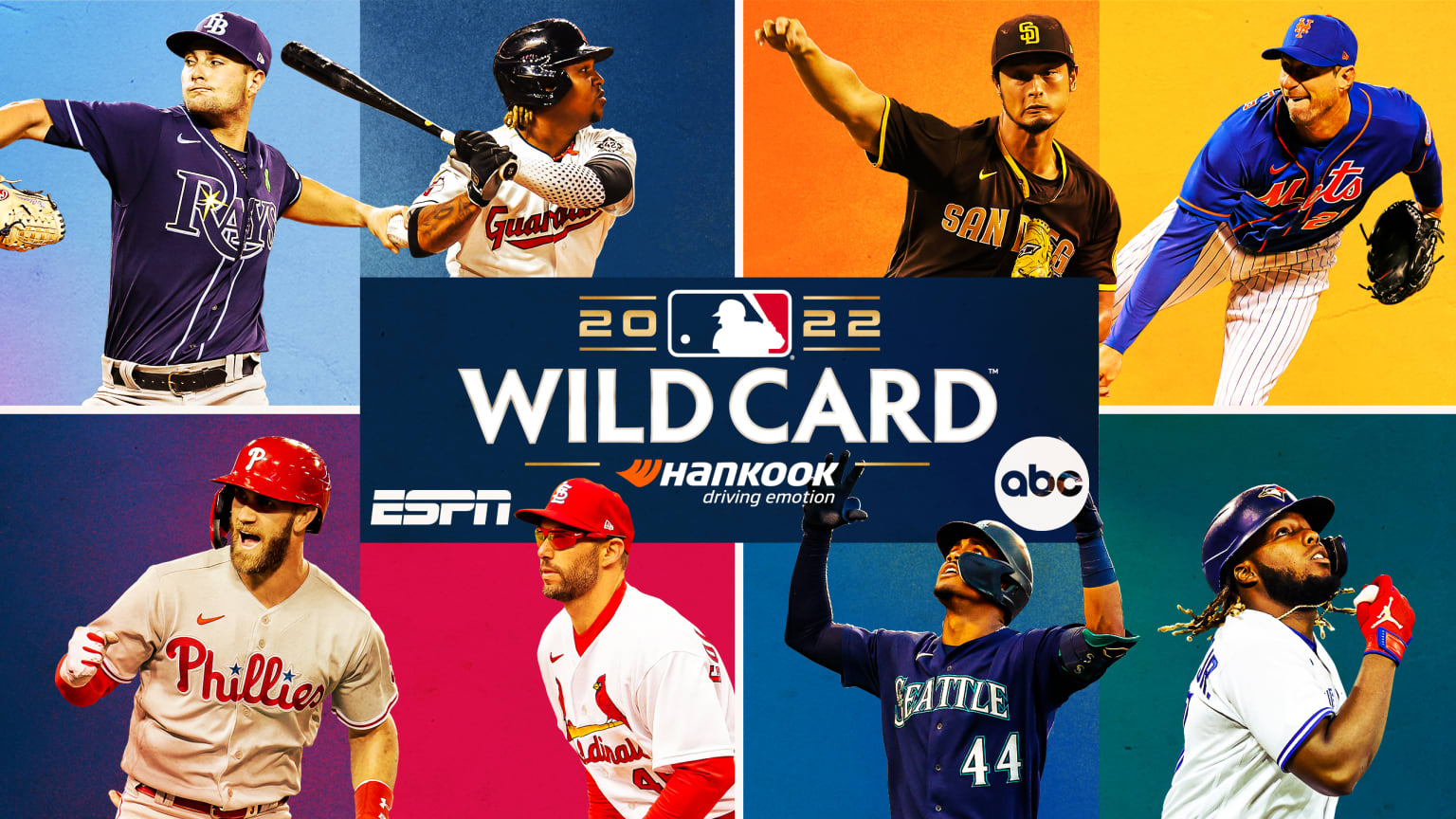 A photo illustration shows eight photos of players surrounding a Wild Card logo