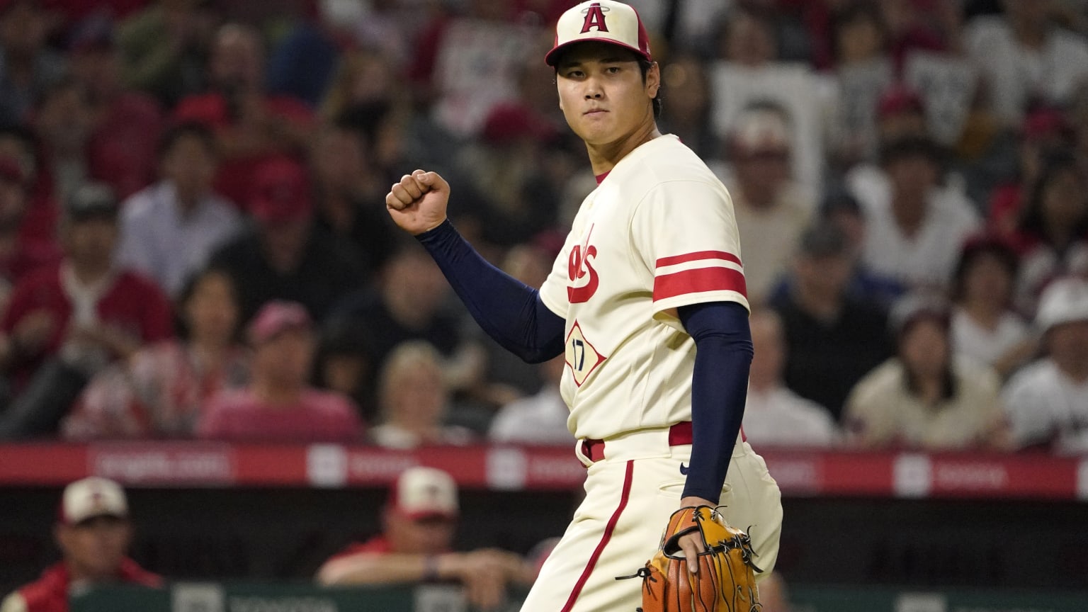 Shohei Ohtani pumps his first after recording an out