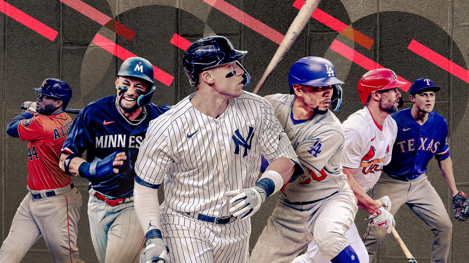 Designed image with six MLB stars in front of gray and red backdrop