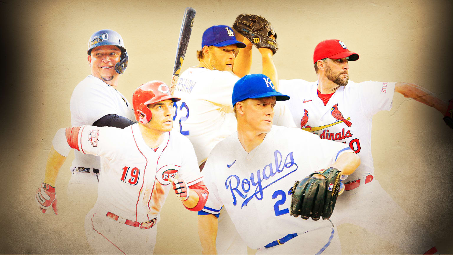 Miguel Cabrera, Clayton Kershaw, Adam Wainwright, Joey Votto and Zack Greinke are pictured