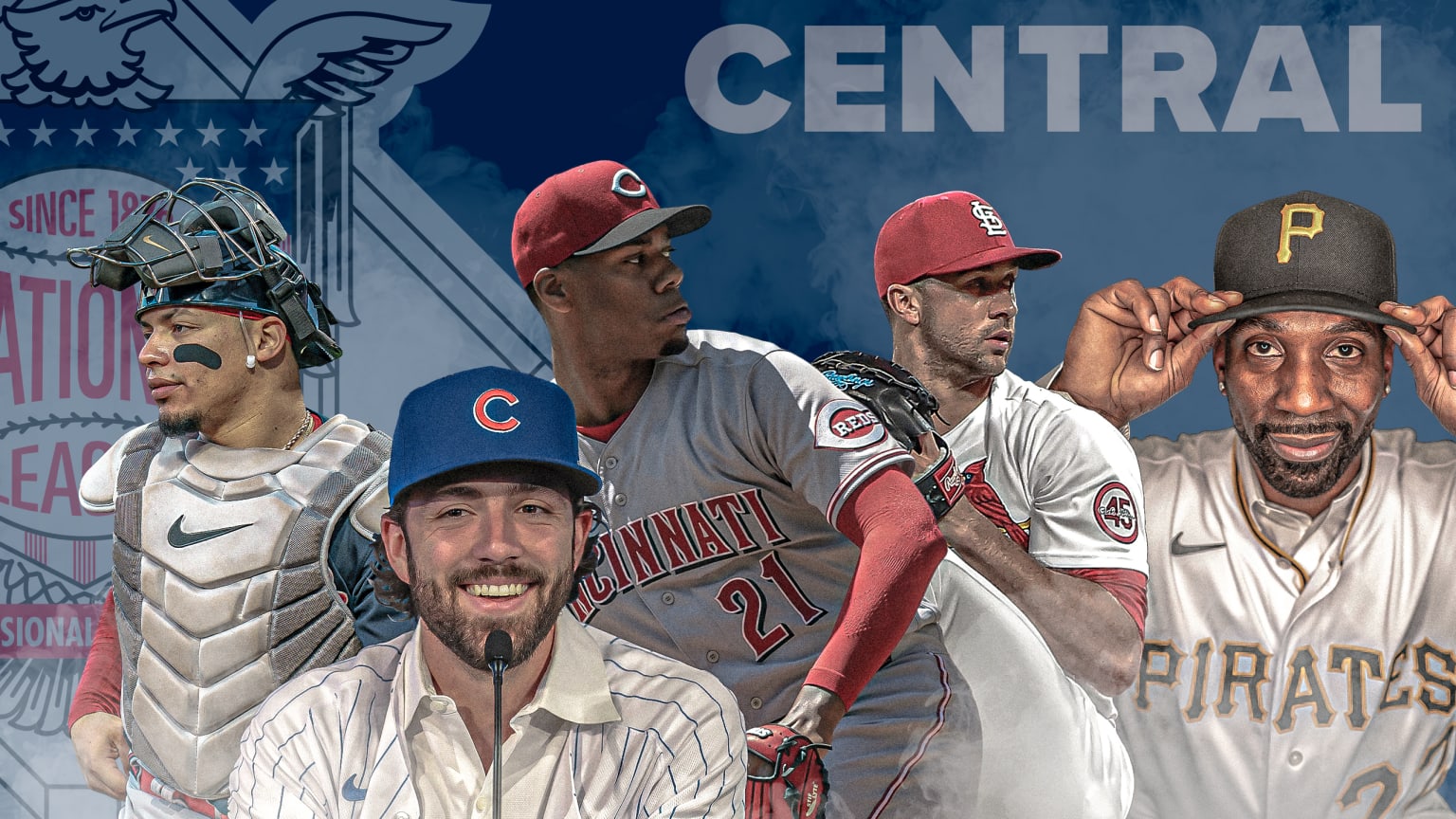 A designed image showing five players against a blue background showing the National League logo and the word ''CENTRAL''