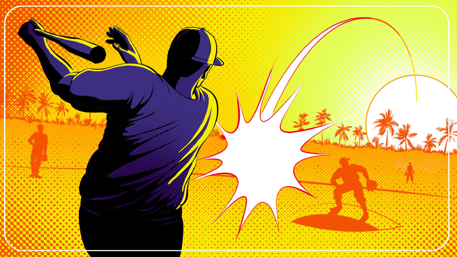 A graphic image of a player finishing a swing and an arc showing the flight of the ball going out beyond some palm trees and into the setting sun A graphic image of a player finishing a swing and an arc showing the flight of the ball going out beyond some palm trees and into the setting sun