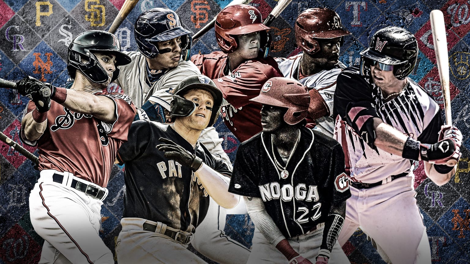 A collection of 7 prospects in various hitting poses against a background of MLB team logos