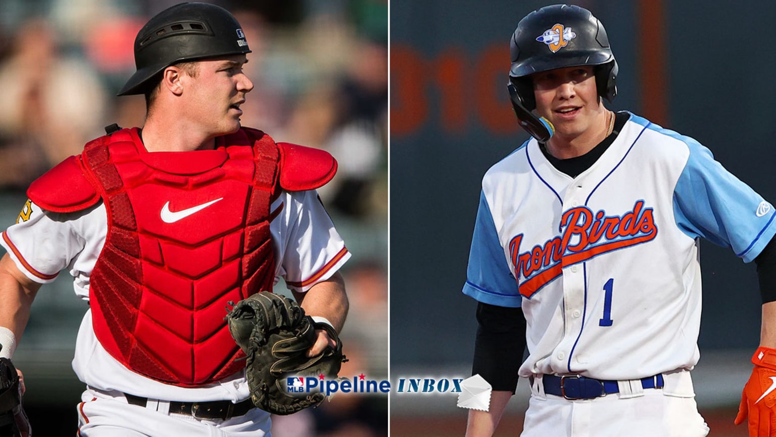 A split image showing two prospects, one a catcher, the other a baserunner