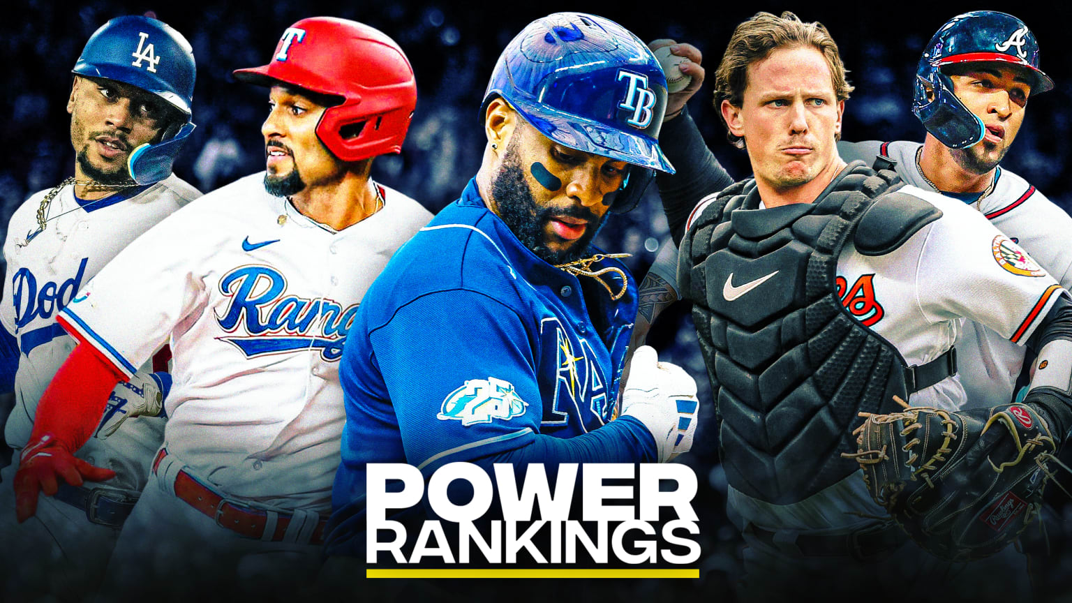 Mookie Betts, Marcus Semien, Yandy Díaz, Adley Rutschman and Eddie Rosario are pictured behind the Power Rankings logo