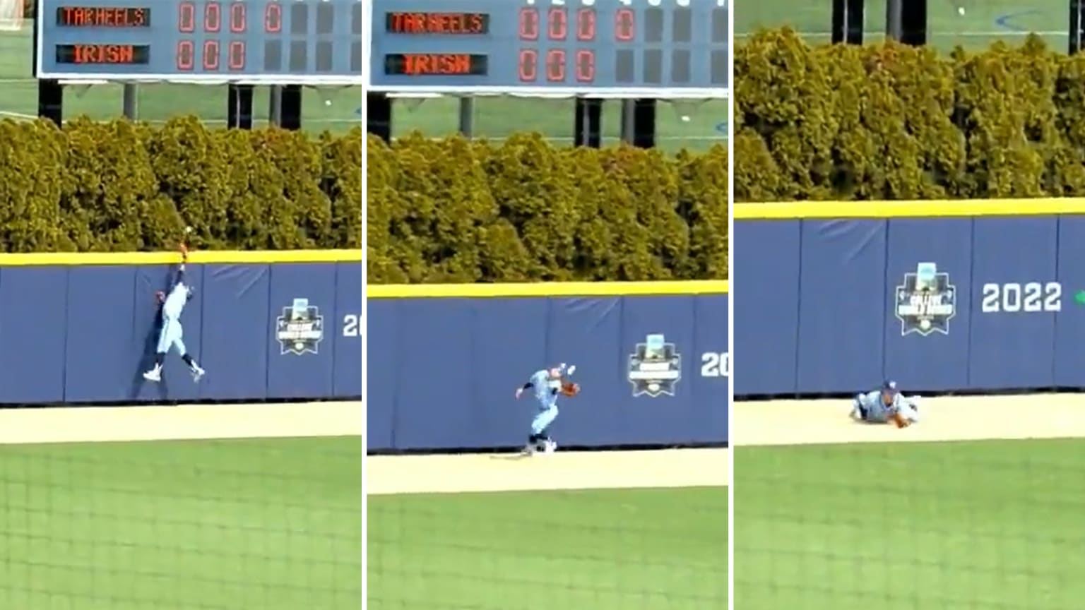 A split photo shows an outfielder leaping at the fence and then falling to the ground while making a catch